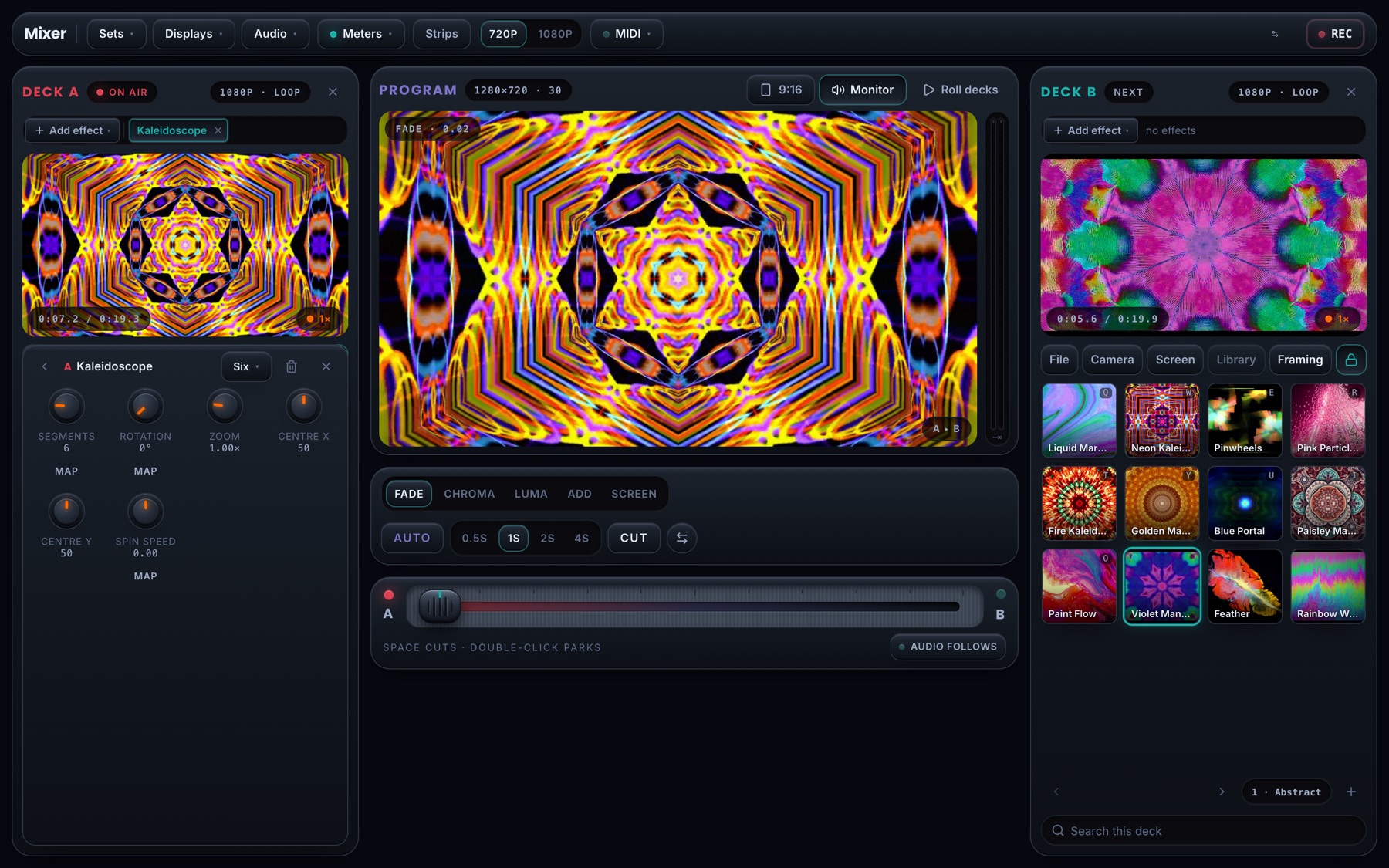 Deck A with the Kaleidoscope effect applied, shown on the deck and the program