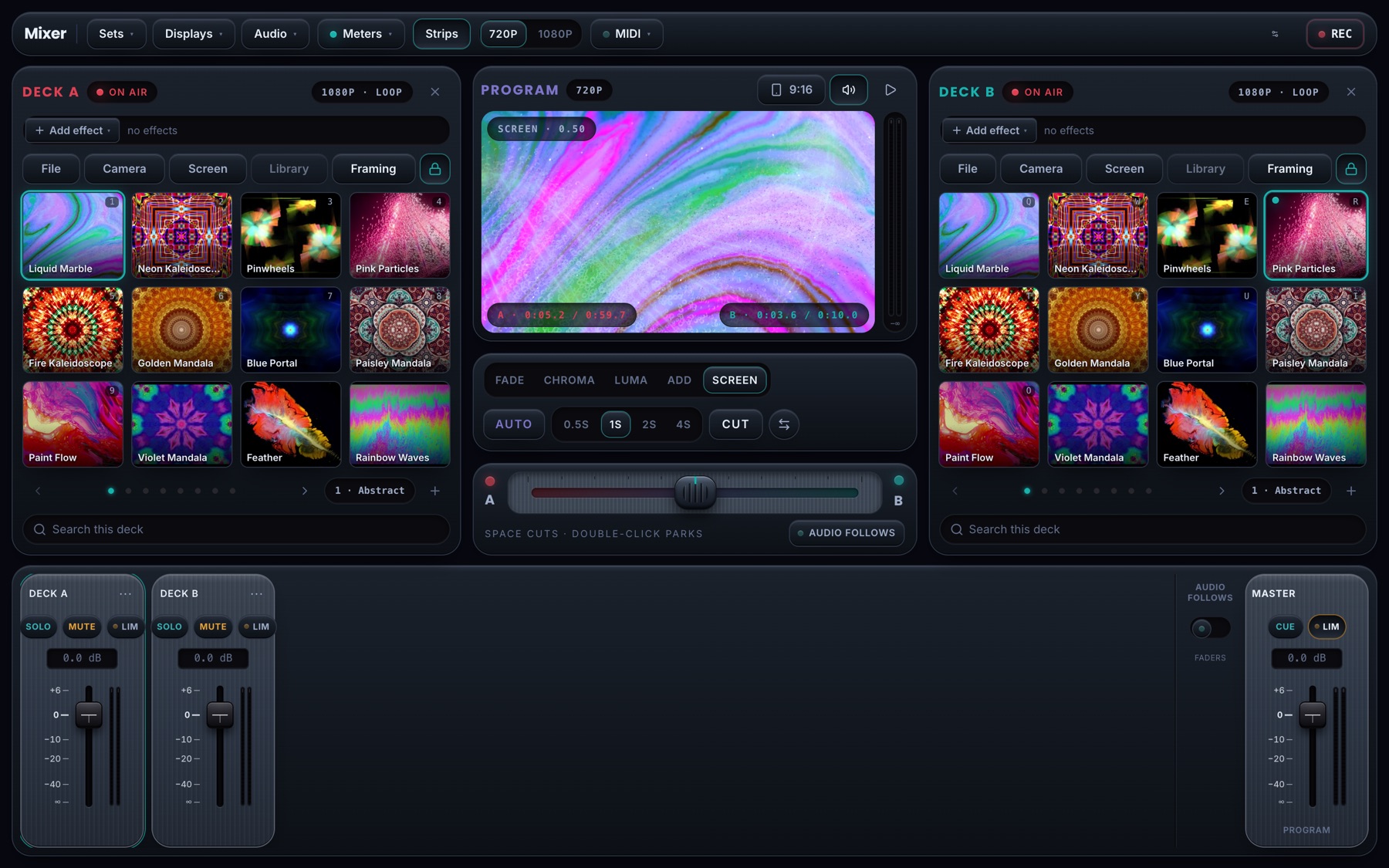 The Mixer with its audio strips open beneath the decks